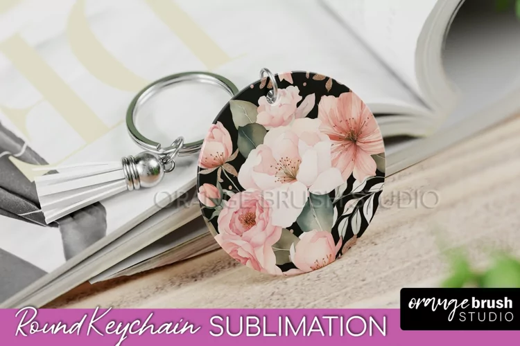 Pink Flowers Keychain, Floral Keychain Sublimation Design