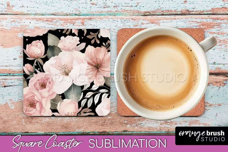 Watercolor Flowers Square Coaster - Floral Pink Sublimation
