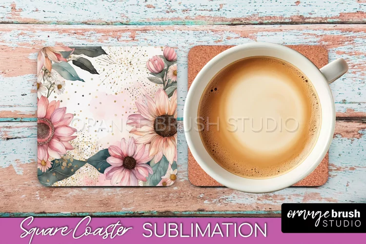Watercolor Flowers Square Coaster - Floral Pink Sublimation