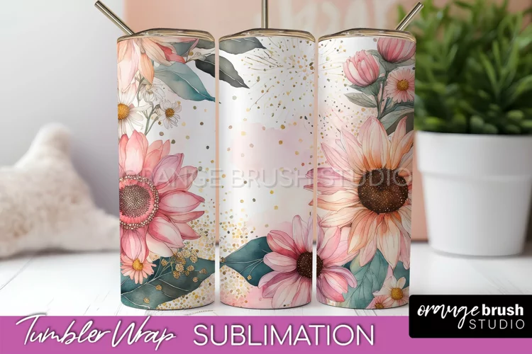 Floral Tumbler Wrap - Pink Flowers Watercolor Tumbler PNG