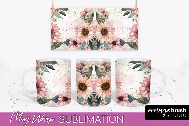 Pink Watercolor Flowers Mug Wrap - Floral Mug Sublimation