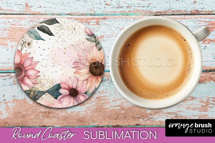 Watercolor Flowers Round Coaster - Floral Pink Sublimation