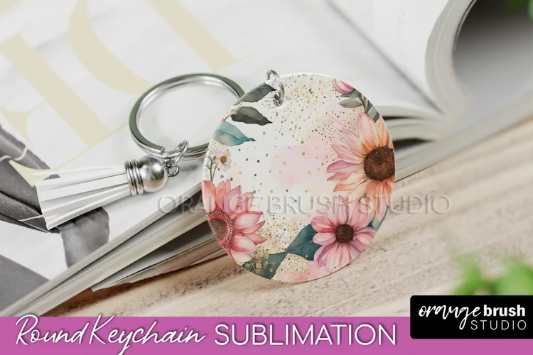 Pink Flowers Keychain, Floral Keychain Sublimation Design
