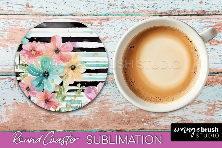 Watercolor Flowers Round Coaster - Floral Pink Sublimation