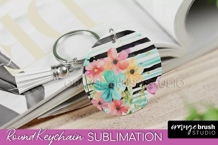 Pink Flowers Keychain, Floral Keychain Sublimation Design