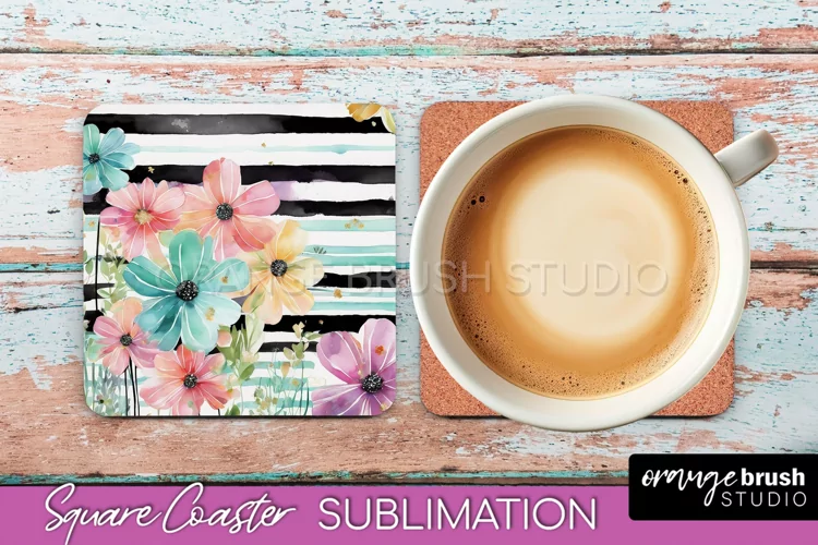 Watercolor Flowers Square Coaster - Floral Pink Sublimation