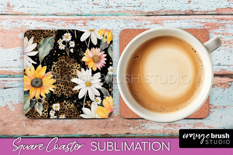Watercolor Flowers Square Coaster - Floral Pink Sublimation