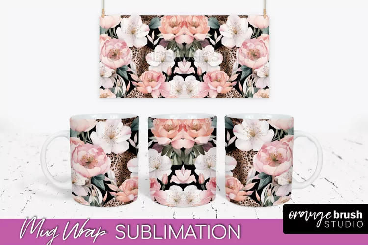 Pink Watercolor Flowers Mug Wrap - Floral Mug Sublimation