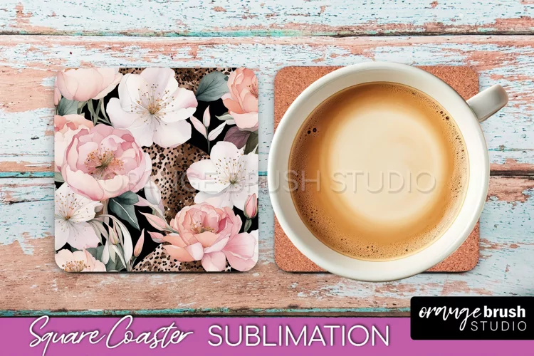 Watercolor Flowers Square Coaster - Floral Pink Sublimation