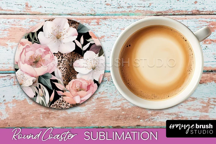 Watercolor Flowers Round Coaster - Floral Pink Sublimation