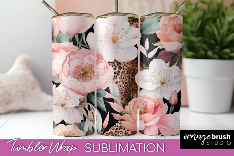 Floral Tumbler Wrap - Pink Flowers Watercolor Tumbler PNG