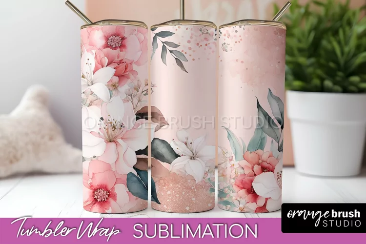 Floral Tumbler Wrap - Pink Flowers Watercolor Tumbler PNG