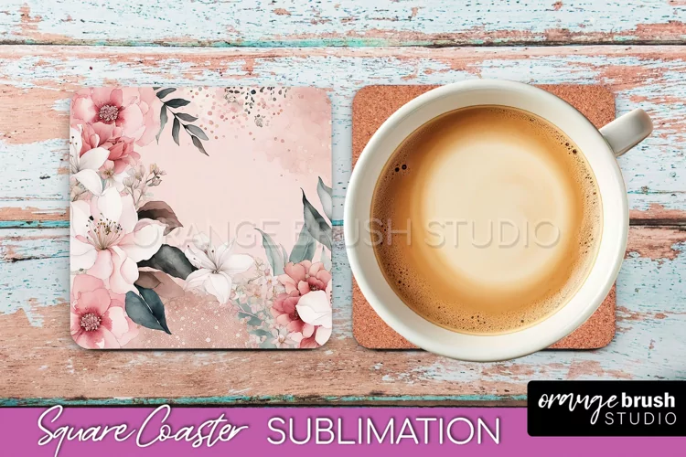 Watercolor Flowers Square Coaster - Floral Pink Sublimation