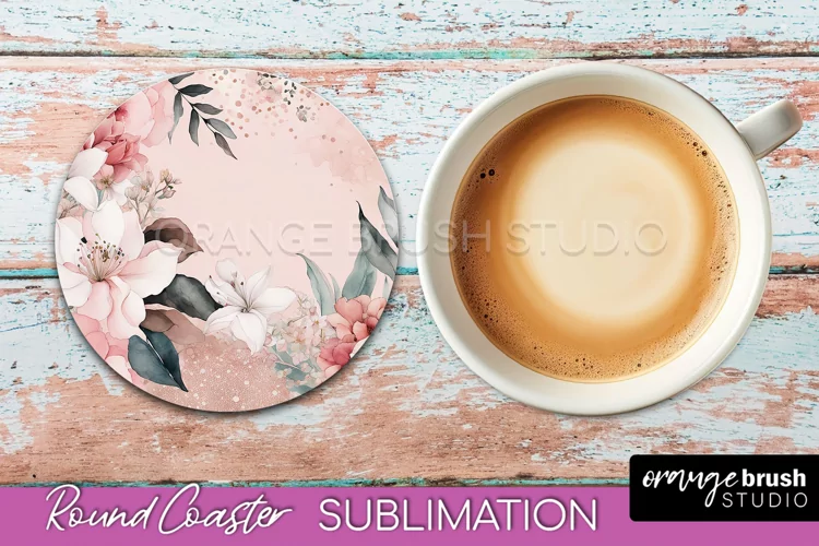 Watercolor Flowers Round Coaster - Floral Pink Sublimation