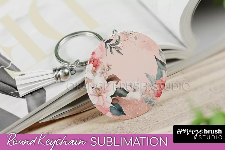 Pink Flowers Keychain, Floral Keychain Sublimation Design