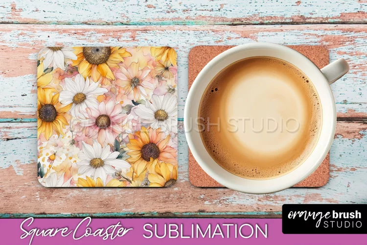 Watercolor Flowers Square Coaster - Floral Pink Sublimation