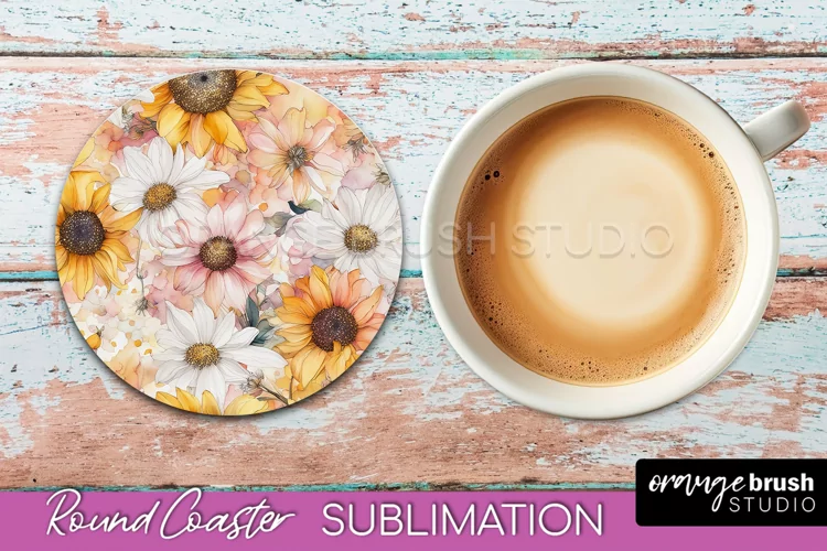 Watercolor Flowers Round Coaster - Floral Pink Sublimation