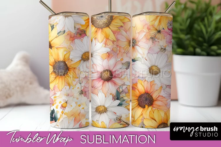 Floral Tumbler Wrap - Pink Flowers Watercolor Tumbler PNG