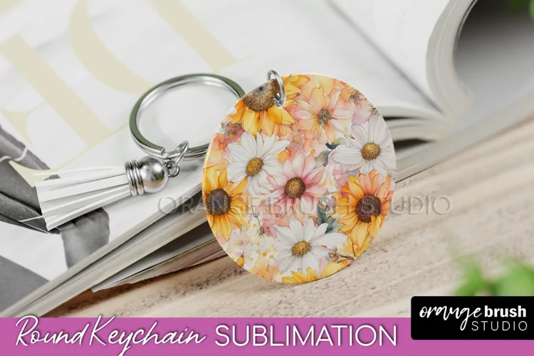 Pink Flowers Keychain, Floral Keychain Sublimation Design