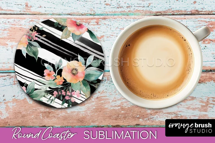 Watercolor Flowers Round Coaster - Floral Pink Sublimation