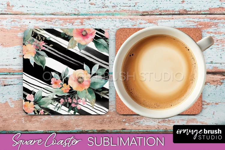 Watercolor Flowers Square Coaster - Floral Pink Sublimation