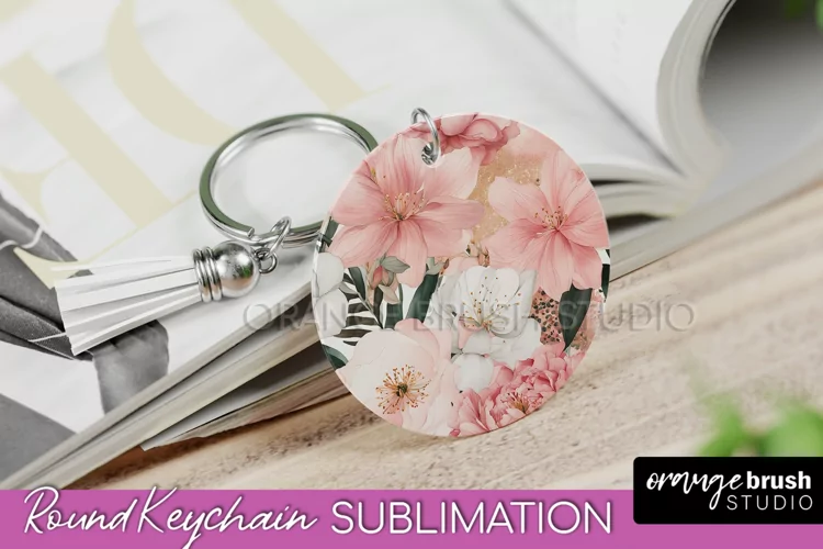 Pink Flowers Keychain, Floral Keychain Sublimation Design