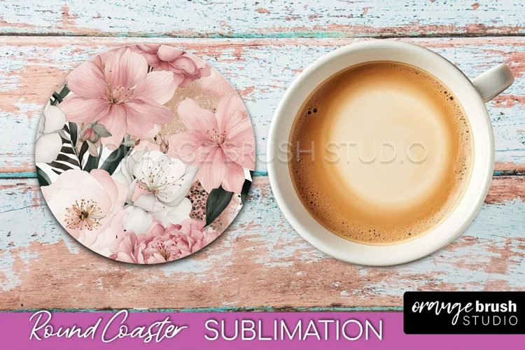 Watercolor Flowers Round Coaster - Floral Pink Sublimation