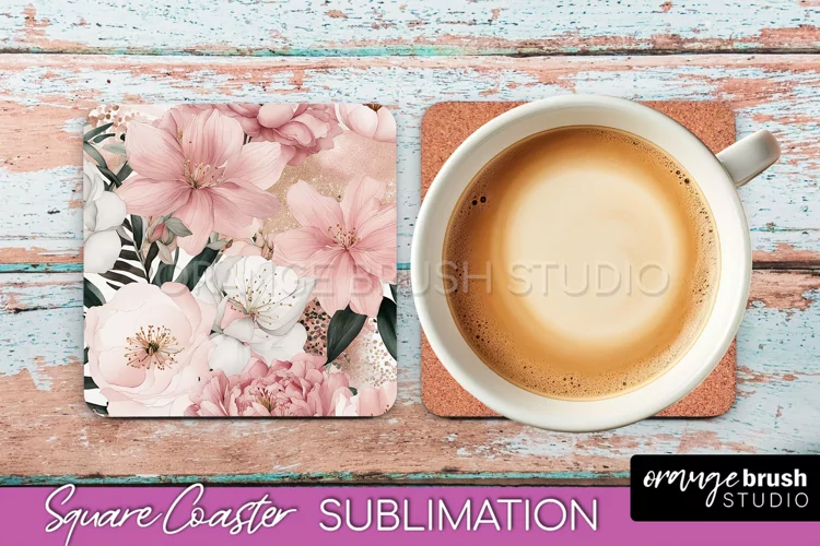 Watercolor Flowers Square Coaster - Floral Pink Sublimation