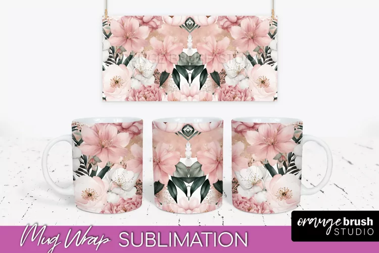 Pink Watercolor Flowers Mug Wrap - Floral Mug Sublimation