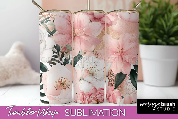 Floral Tumbler Wrap - Pink Flowers Watercolor Tumbler PNG