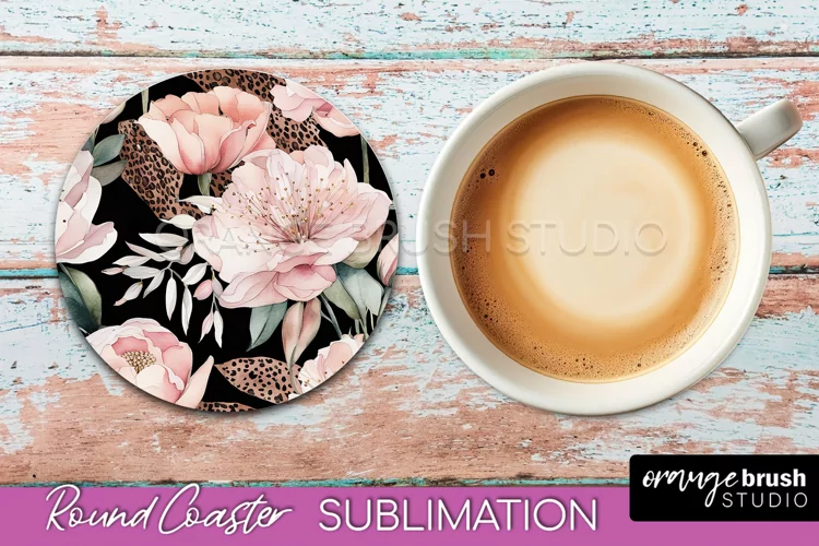 Watercolor Flowers Round Coaster - Floral Pink Sublimation