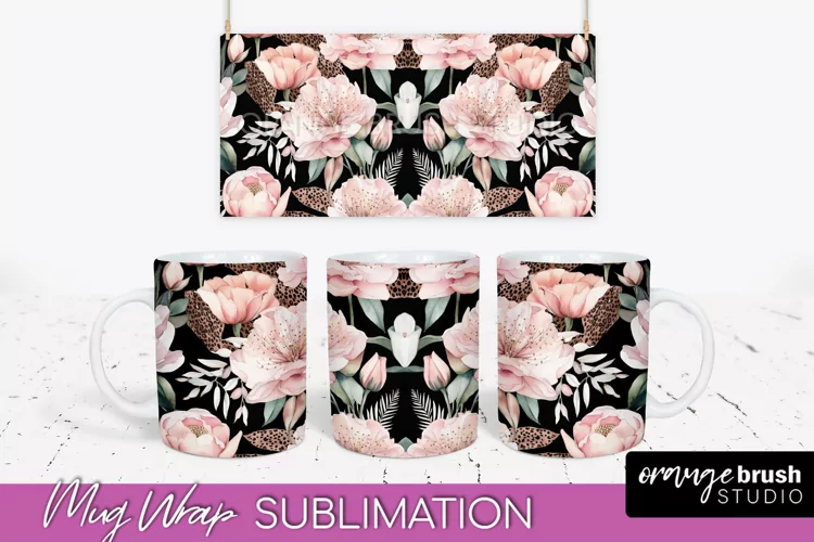 Pink Watercolor Flowers Mug Wrap - Floral Mug Sublimation