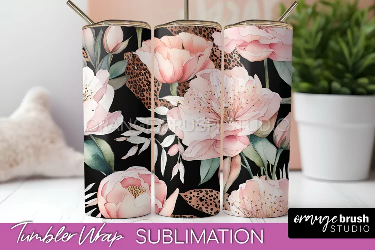 Floral Tumbler Wrap - Pink Flowers Watercolor Tumbler PNG