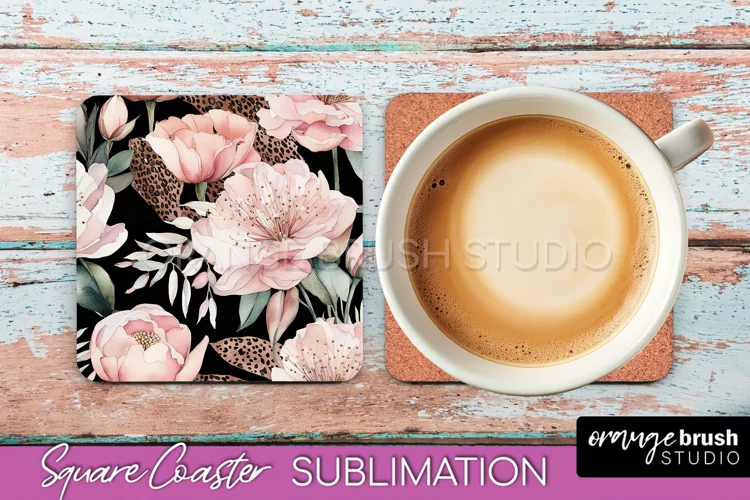 Watercolor Flowers Square Coaster - Floral Pink Sublimation