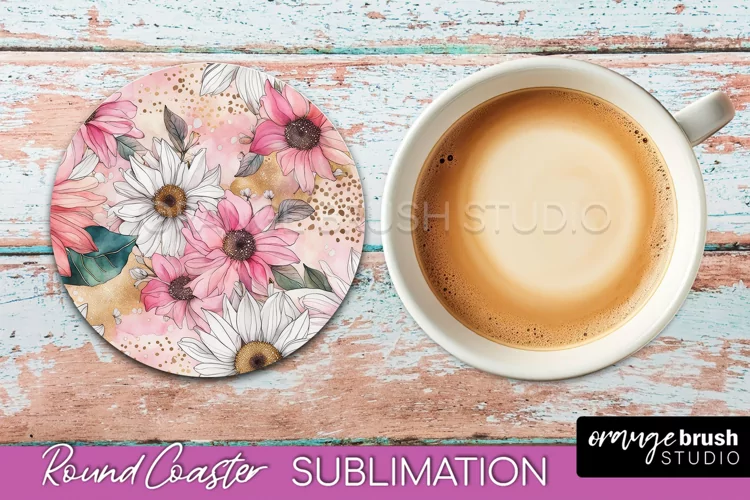 Watercolor Flowers Round Coaster - Floral Pink Sublimation