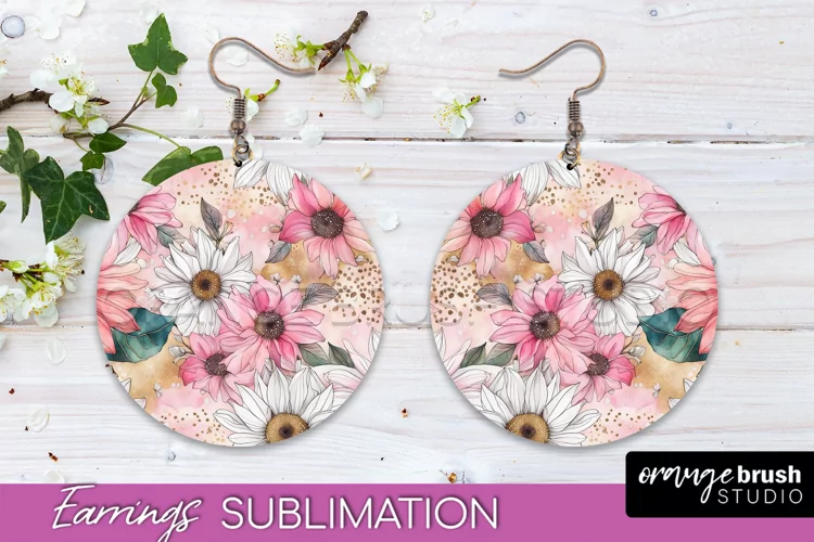 Watercolor Flowers Earrings, Pink Floral Earring Sublimation