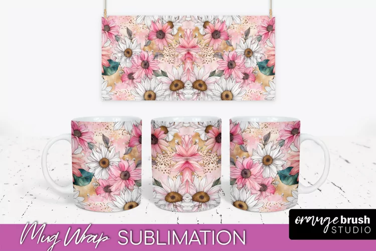 Pink Watercolor Flowers Mug Wrap - Floral Mug Sublimation