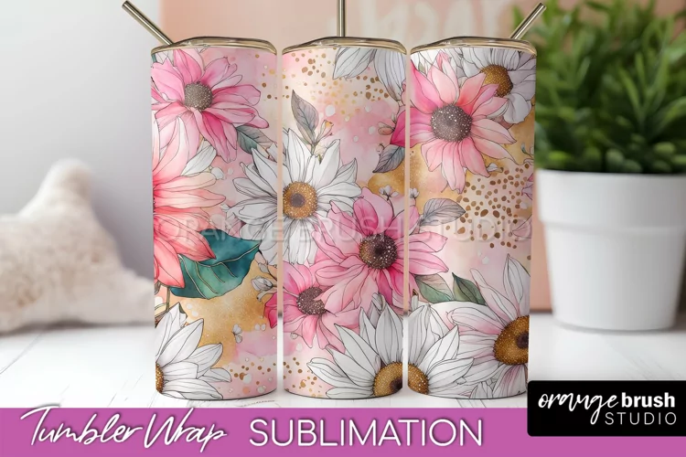 Floral Tumbler Wrap - Pink Flowers Watercolor Tumbler PNG