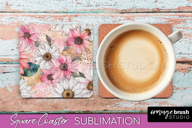 Watercolor Flowers Square Coaster - Floral Pink Sublimation