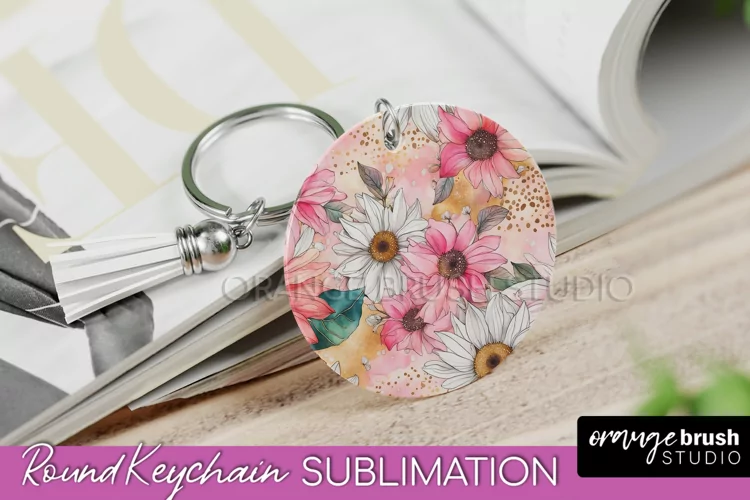 Pink Flowers Keychain, Floral Keychain Sublimation Design