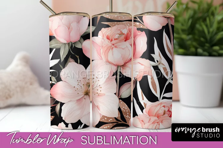Floral Tumbler Wrap - Pink Flowers Watercolor Tumbler PNG