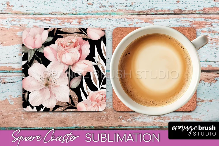 Watercolor Flowers Square Coaster - Floral Pink Sublimation