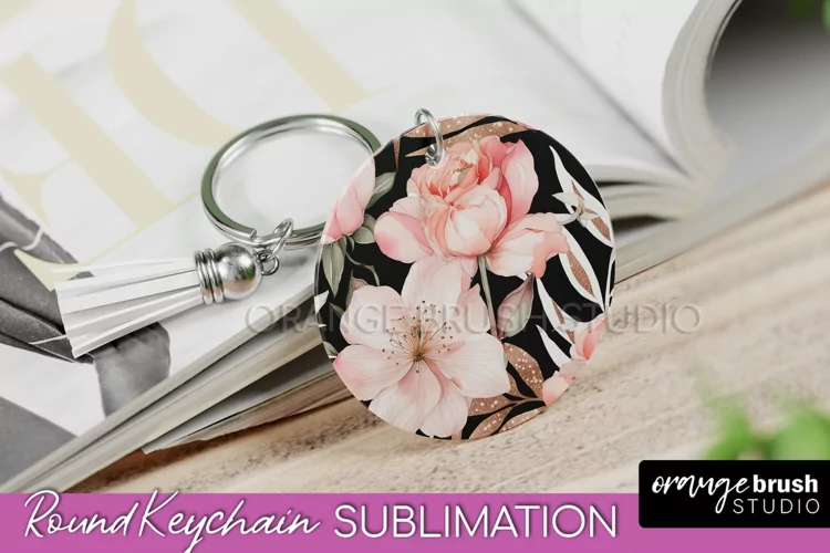 Pink Flowers Keychain, Floral Keychain Sublimation Design