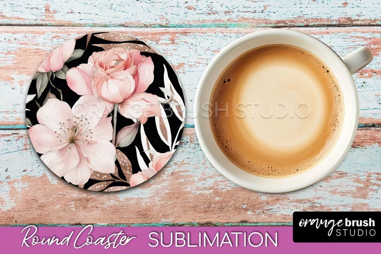 Watercolor Flowers Round Coaster - Floral Pink Sublimation