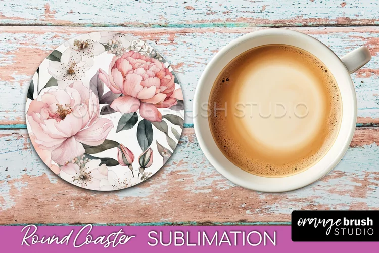 Watercolor Flowers Round Coaster - Floral Pink Sublimation