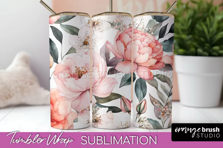 Floral Tumbler Wrap - Pink Flowers Watercolor Tumbler PNG