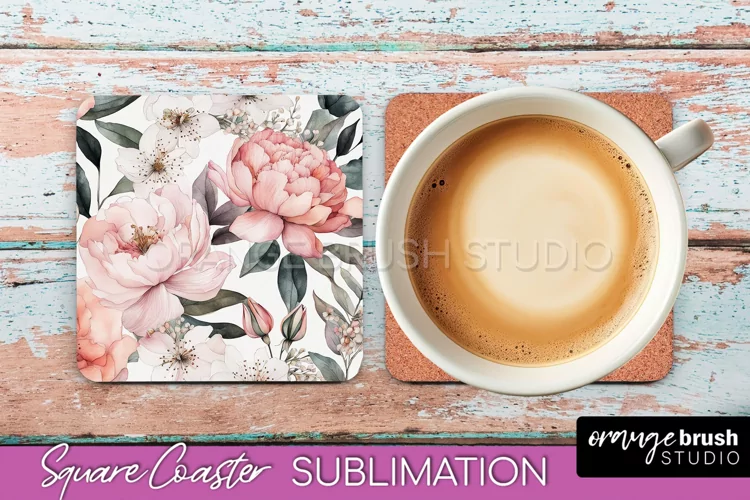 Watercolor Flowers Square Coaster - Floral Pink Sublimation