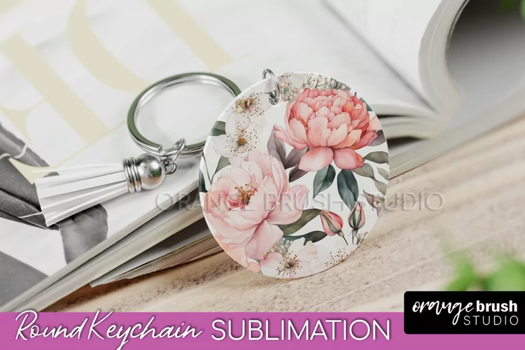Pink Flowers Keychain, Floral Keychain Sublimation Design