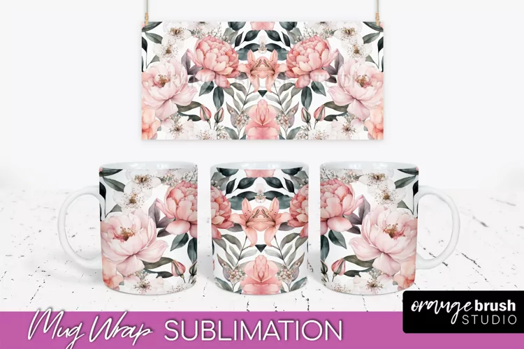 Pink Watercolor Flowers Mug Wrap - Floral Mug Sublimation