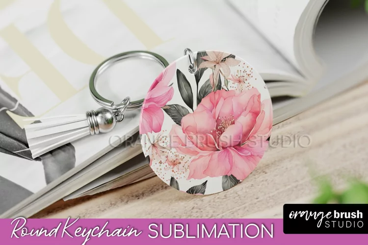 Pink Flowers Keychain, Floral Keychain Sublimation Design